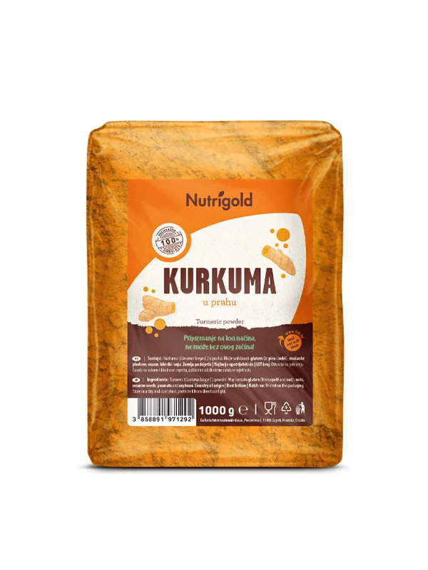 Nutrigold kurkuma v prahu v prozorni plastični embalaži.