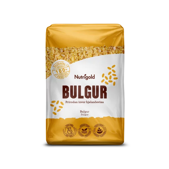 Nutrigold Bulgur v prozorni 1000 gramski embalaži.