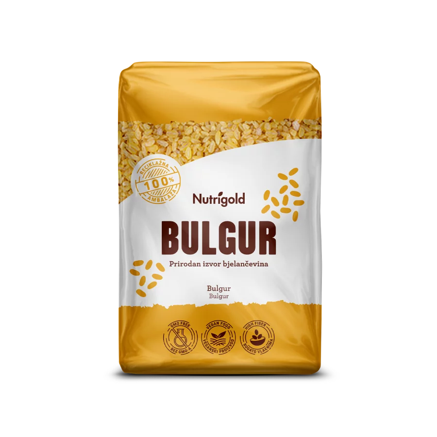 Nutrigold Bulgur v prozorni 1000 gramski embalaži.