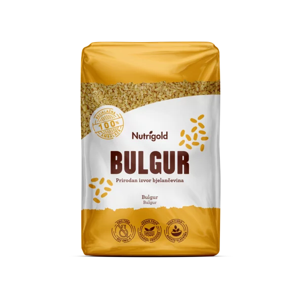 Nutrigold Bulgur v prozorni 1000 gramski embalaži.