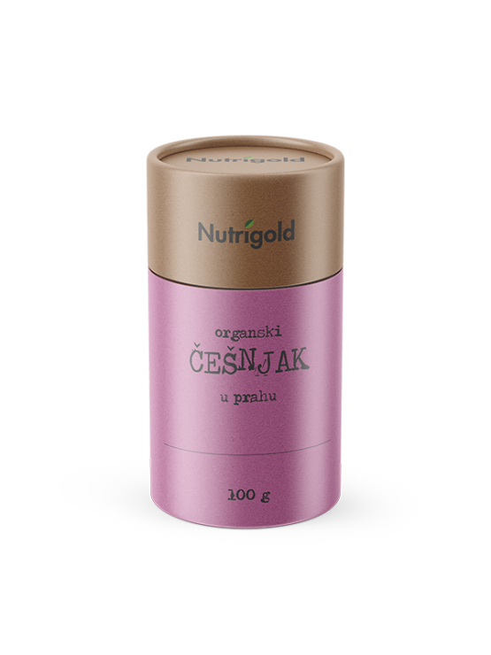 Nutrigold ekološki česen v prahu v 100 gramski rjavi embalaži.