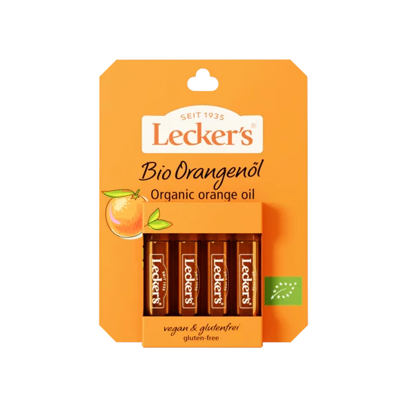 Lecker's pomarančno olje hladno stiskano ekološko v embalaži 4x2ml