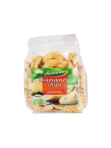 Dennree ekološki bananin čips v prozorni plastični embalaži, 150g.