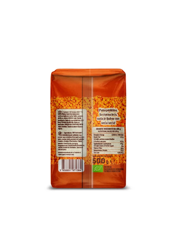 Nutrigold ekološka rdeča leča v prozorni plastični embalaži, 500g.