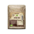 Nutrigold ekološki dolgozrnati rjavi riž v prozorni plastični embalaži, 500 g.
