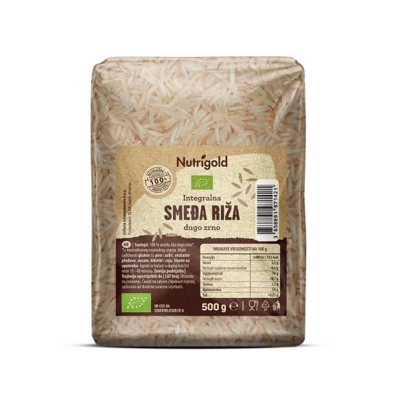 Nutrigold ekološki dolgozrnati rjavi riž v prozorni plastični embalaži, 500 g.