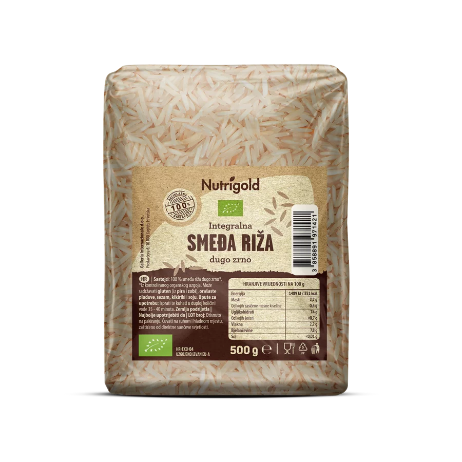 Nutrigold ekološki dolgozrnati rjavi riž v prozorni plastični embalaži, 500 g.