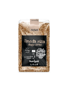 Nutrigold ekološki dolgozrnati rjavi riž v prozorni plastični embalaži, 500g.
