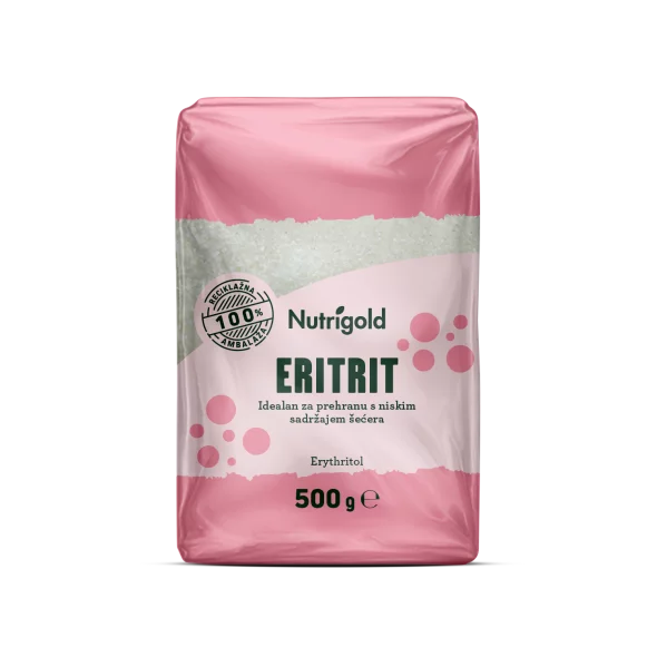 Nutrigold eritritol naravno sladilo brez kalorij v 500 gramski prozorni plastični embalaži.