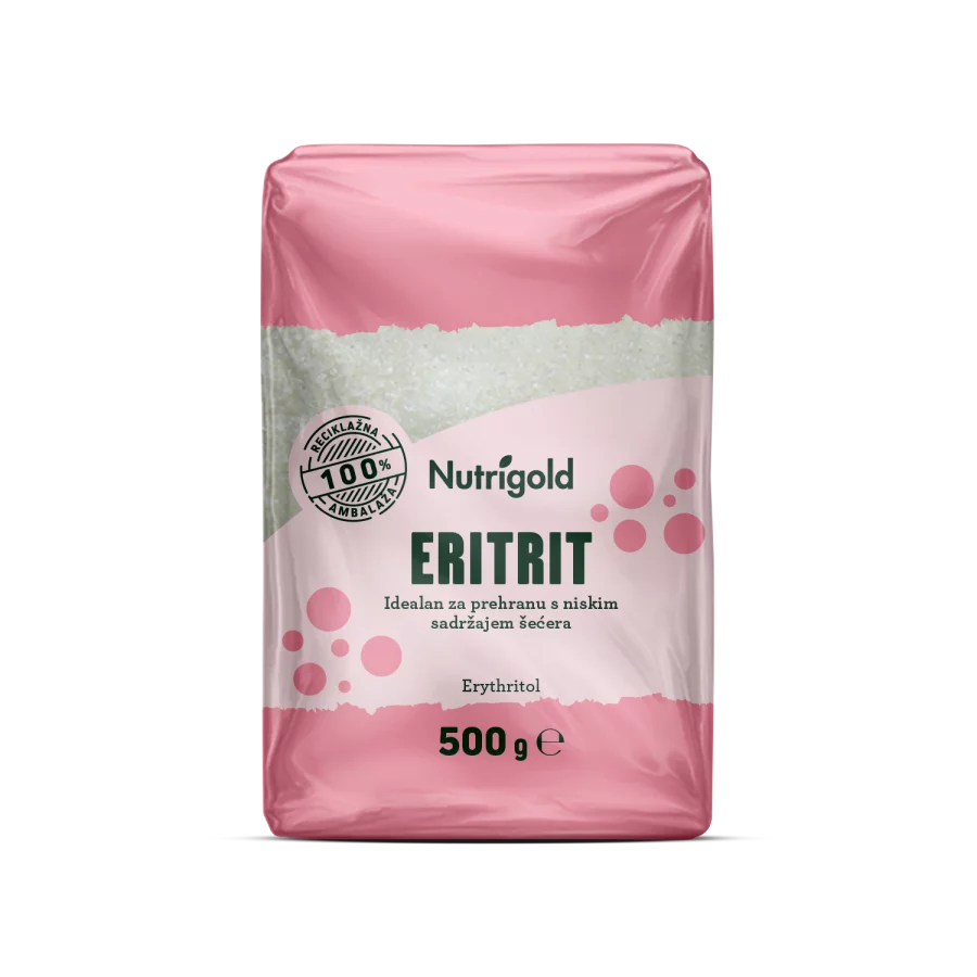 Nutrigold eritritol naravno sladilo brez kalorij v 500 gramski prozorni plastični embalaži.