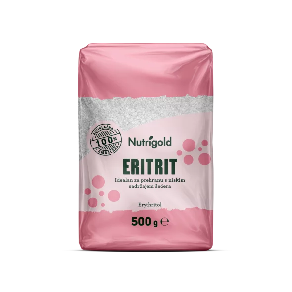 Nutrigold eritritol naravno sladilo brez kalorij v 500 gramski prozorni plastični embalaži.