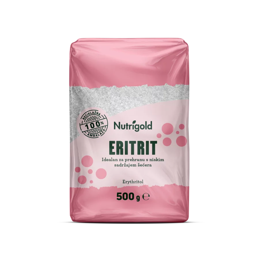 Nutrigold eritritol naravno sladilo brez kalorij v 500 gramski prozorni plastični embalaži.