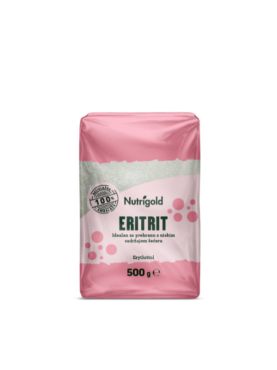 Nutrigold eritritol naravno sladilo brez kalorij v 500 gramski prozorni plastični embalaži.