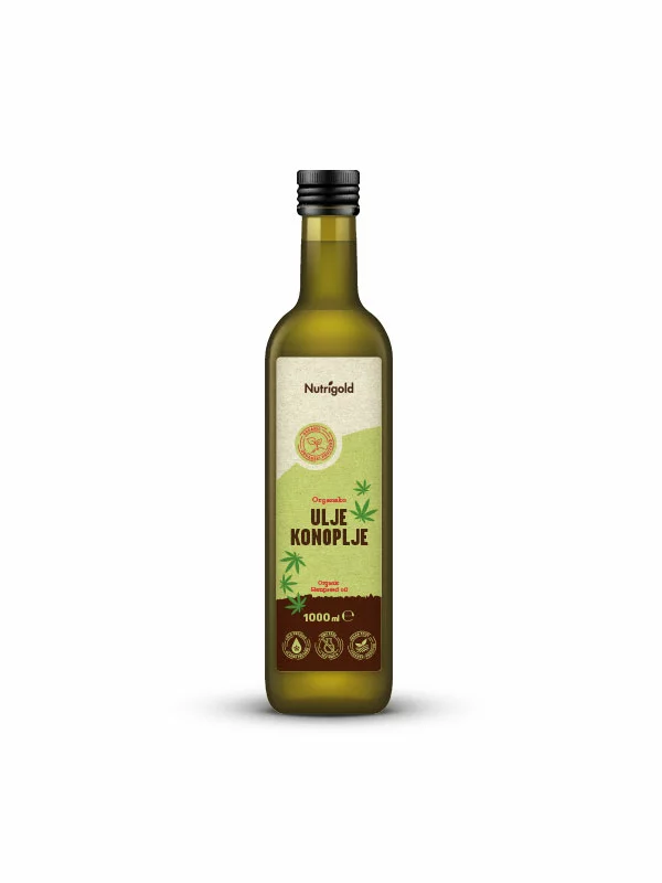 Nutrigold ekološko hladno prešano konopljino olje v steklenici, 1000ml.