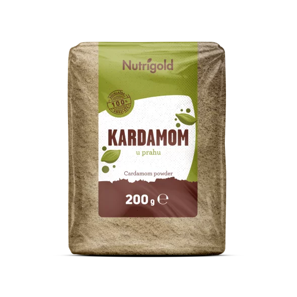 Nutrigold zeleni kardamom v prahu v prozorni plastični embalaži, 200g.