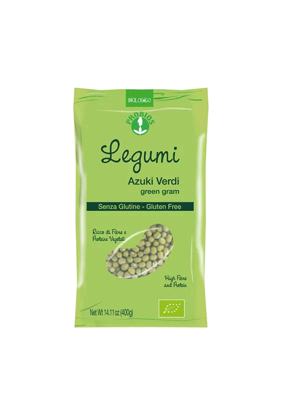Probios zeleni azuki fižol brez glutena v plastični embalaži, 400g.