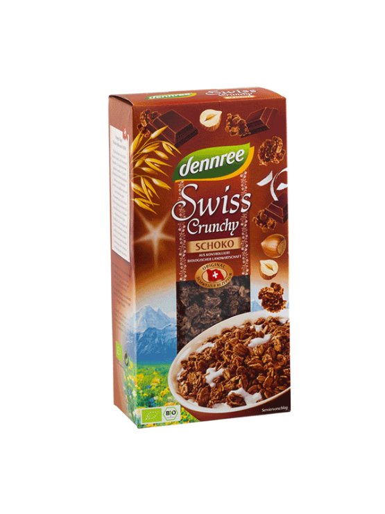 Dennree ekološka hrustljava granola s čokolado v papirnati embalaži, 375g.