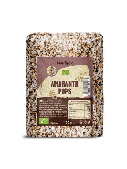 Nutrigold ekološki amarantovi napihnjenci v prozorni plastični embalaži, 100g.