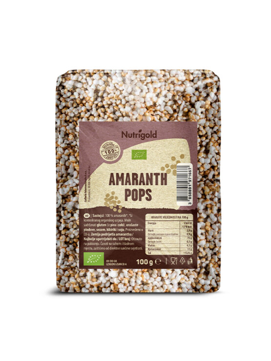 Nutrigold ekološki amarantovi napihnjenci v prozorni plastični embalaži, 100g.