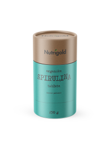 Nutrigold ekološka spirulina v tabletah v rjavi valjkasti embalaži, 250g.