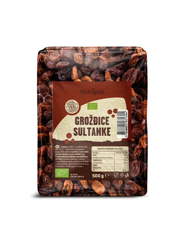 Nutrigold ekološke "sultanas" rozine v 500 gramski prozorni plastični embalaži.