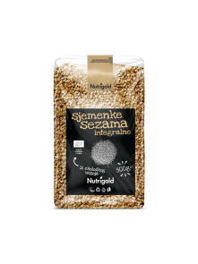 Nutrigold ekološka sezamova semena v prozorni plastični embalaži, 500g.