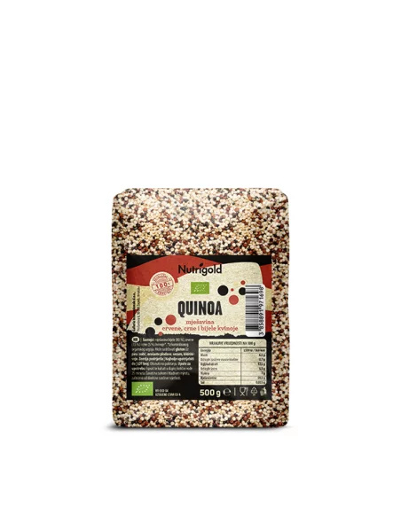 Nutrigold ekološka kvnoja "Tricolor" v prozorni plastični embalaži, 500g.