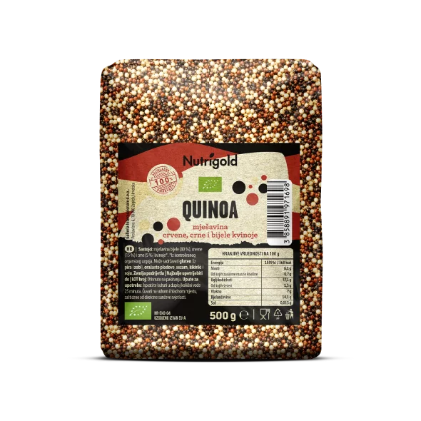 Nutrigold ekološka kvnoja "Tricolor" v prozorni plastični embalaži, 500g.