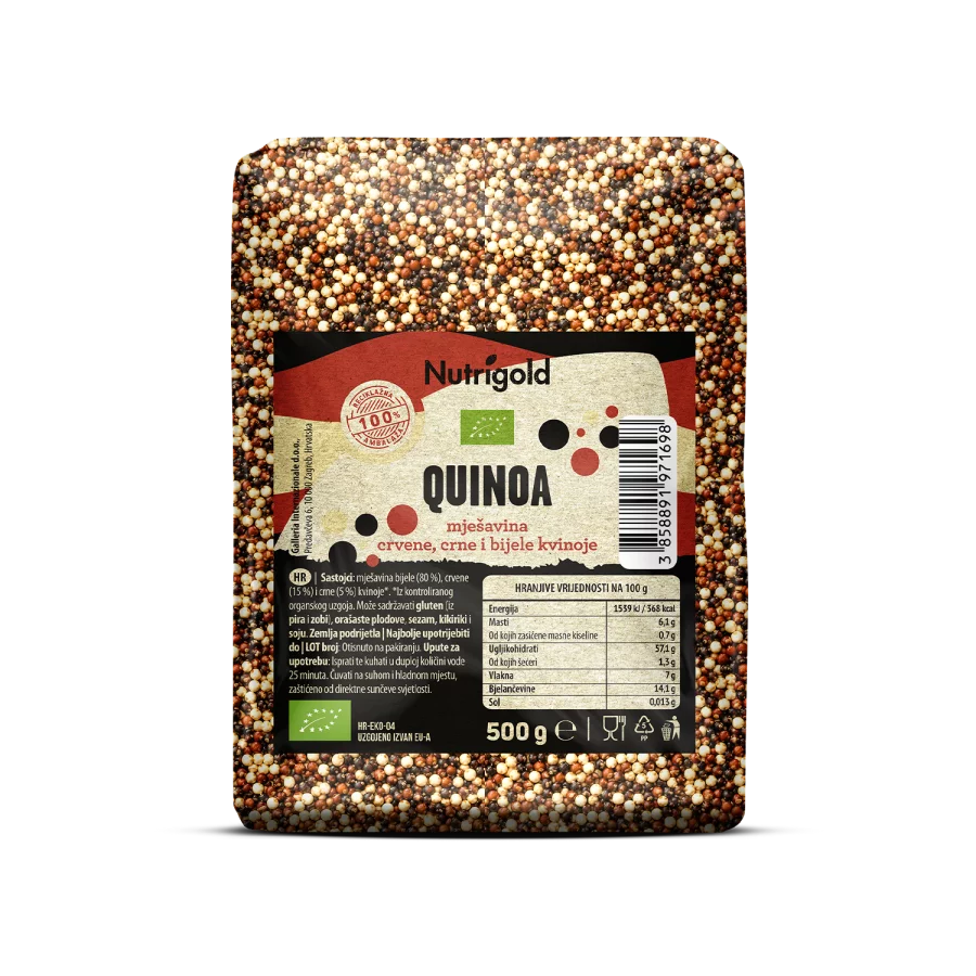 Nutrigold ekološka kvnoja "Tricolor" v prozorni plastični embalaži, 500g.