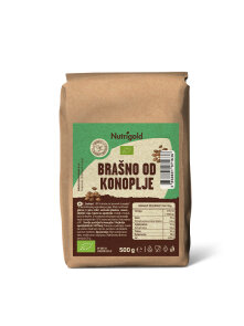 Nutrigold konopljina moka iz ekološke pridelave v 500 gramski rjavi plastični embalaži