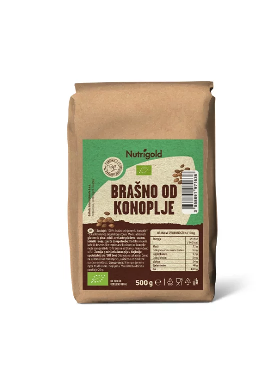 Nutrigold konopljina moka iz ekološke pridelave v 500 gramski rjavi plastični embalaži