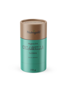 Nutrigold ekološke Chlorella tablete v 250 gramski rjavi embalaži.