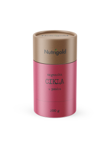 Nutrigold ekološka rdeča pesa v prahu v 200 gramski rjavi embalaži.