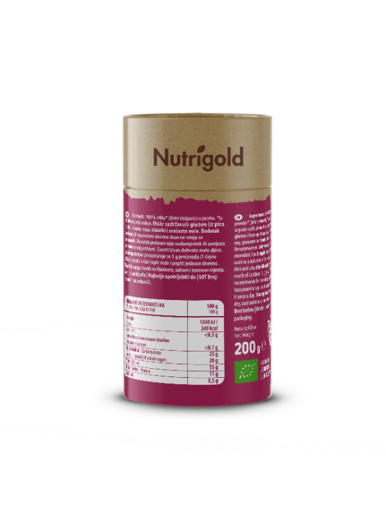 Nutrigold ekološka rdeča pesa v prahu v 200 gramski rjavi embalaži.