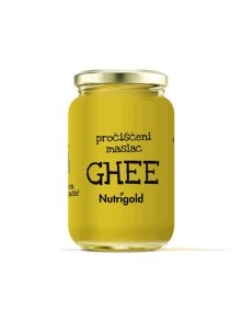 Nutrigold ekološko ghee prečiščeno maslo v 500 mililitrskem kozarcu.