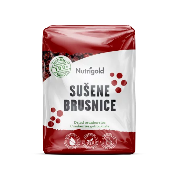 Nutrigold sušene brusnice v prozorni plastični embalaži, 500g.