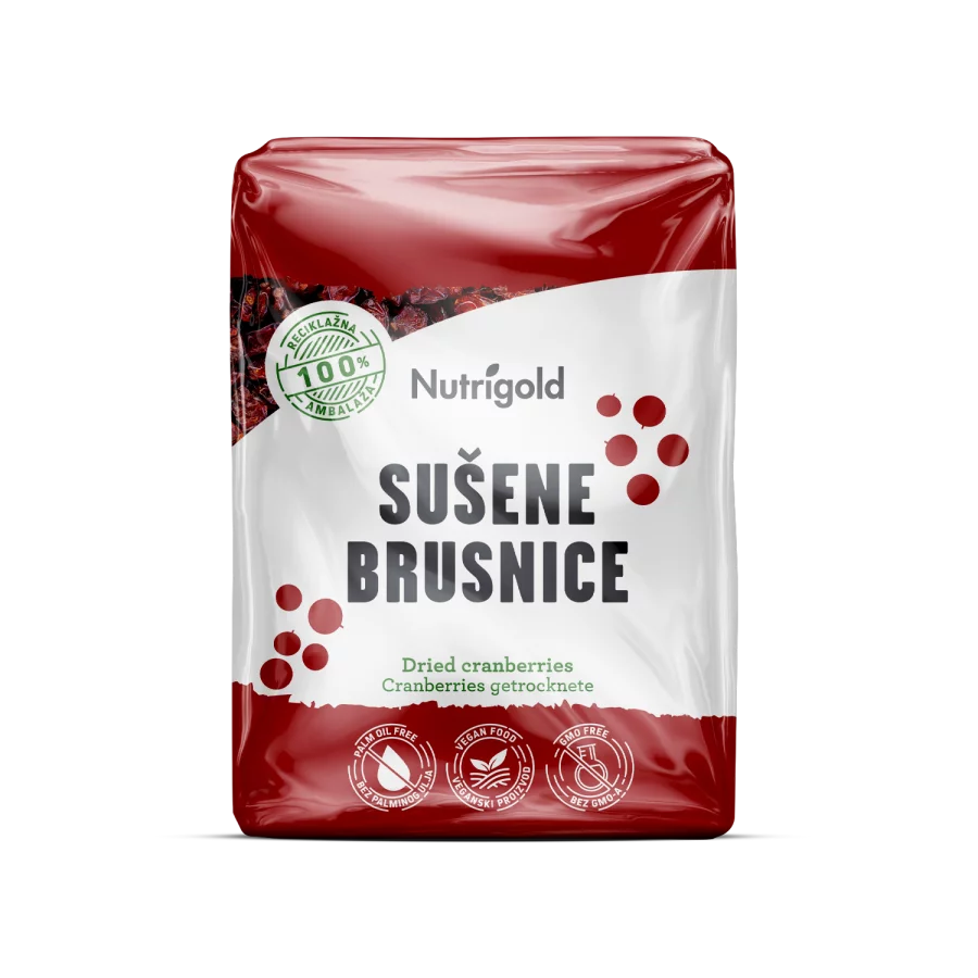 Nutrigold sušene brusnice v prozorni plastični embalaži, 500g.