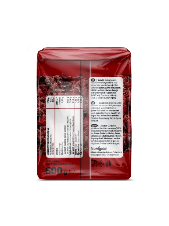 Nutrigold sušene brusnice v prozorni plastični embalaži, 500g.