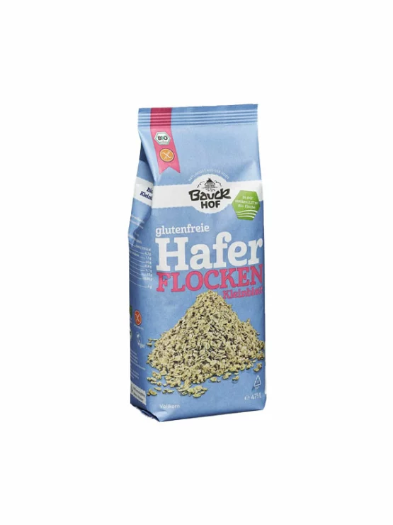 Bauck Mühle ekološki drobni ovseni kosmiči brez glutenav plastični embalaži, 475g.