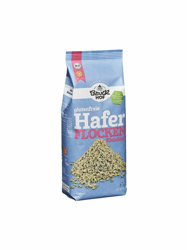 Bauck Mühle ekološki drobni ovseni kosmiči brez glutenav plastični embalaži, 475g.