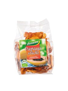 Dennree ekološki koščki sušene papaje v prozorni plastični embalaži, 100g.