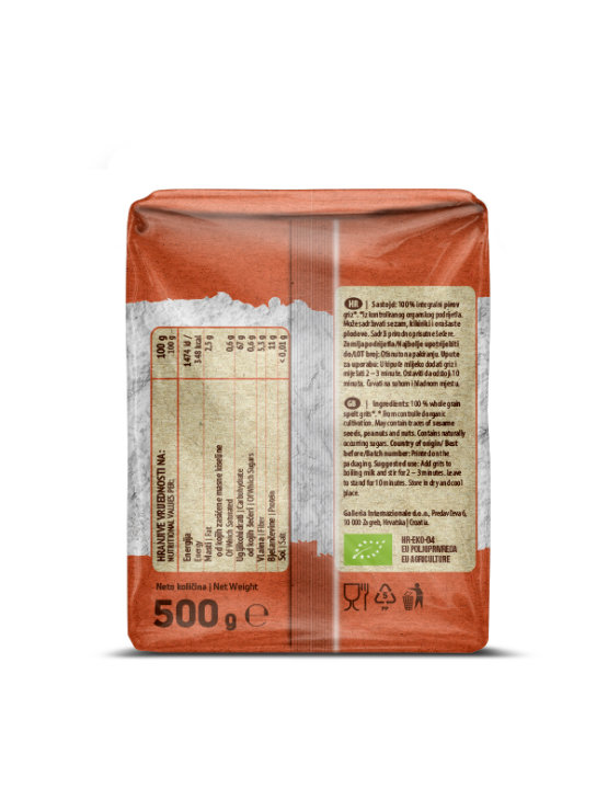 Nutrigold ekološki pirin zdrob v prozorni plastični  embalaži, 500g.