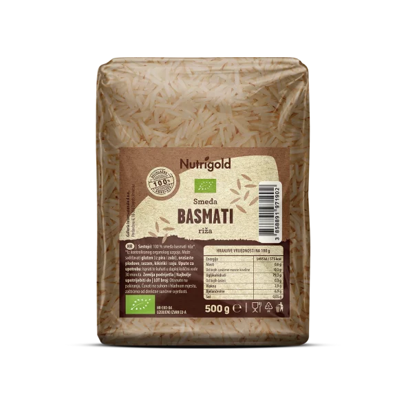 Nutrigold ekološki rjavi basmati riž v 500 gramski prozorni plastični embalaži