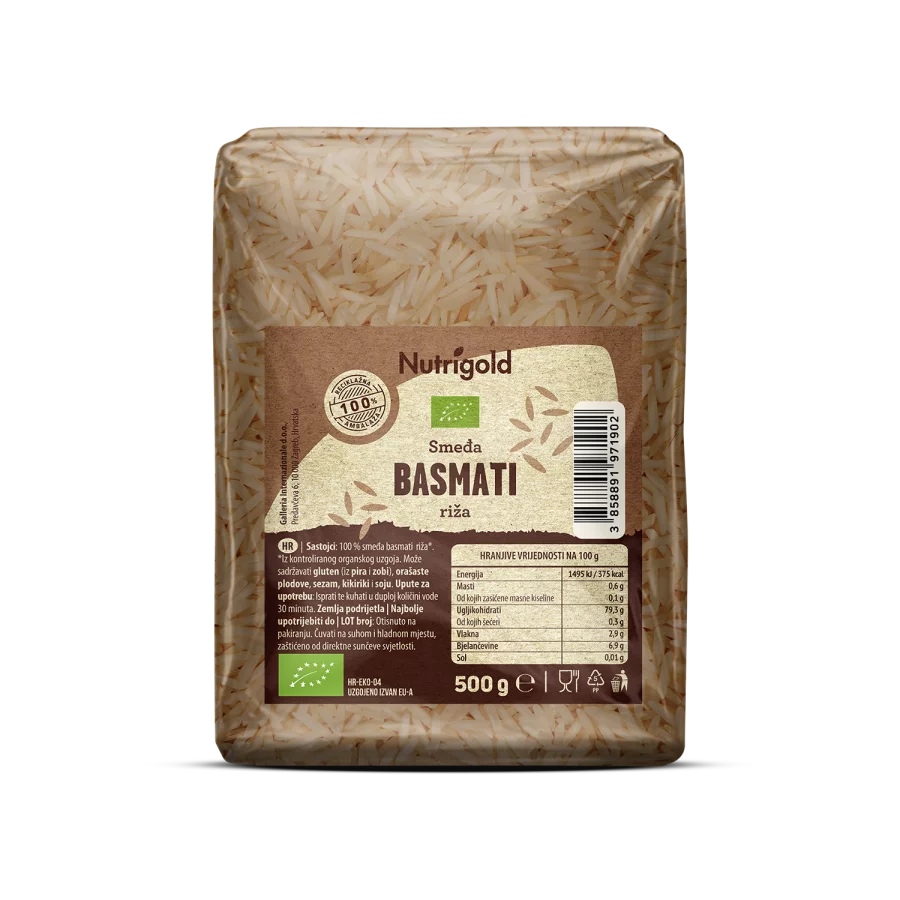 Nutrigold ekološki rjavi basmati riž v 500 gramski prozorni plastični embalaži