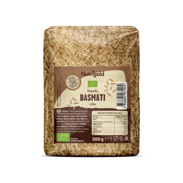 Nutrigold ekološki rjavi basmati riž v 500 gramski prozorni plastični embalaži.