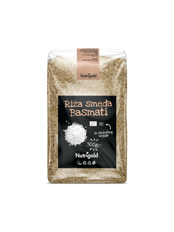 Nutrigold ekološki rjavi basmati riž v 500 gramski prozorni plastični embalaži