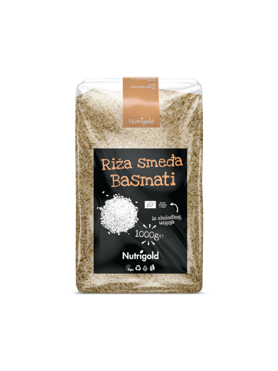 Nutrigold rjavi basmati riž v 1000 gramski prozorni plastični embalaži