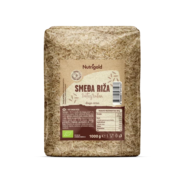 Nutrigold rjavi polnozrnati riž z dolgim zrnom, 1000 g.