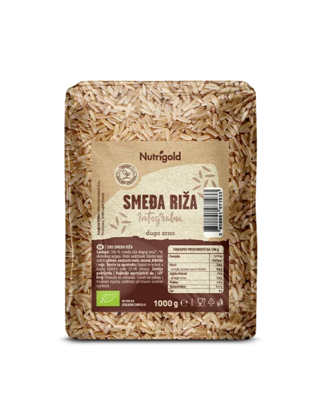 Nutrigold rjavi polnozrnati riž z dolgim zrnom, 1000 g.