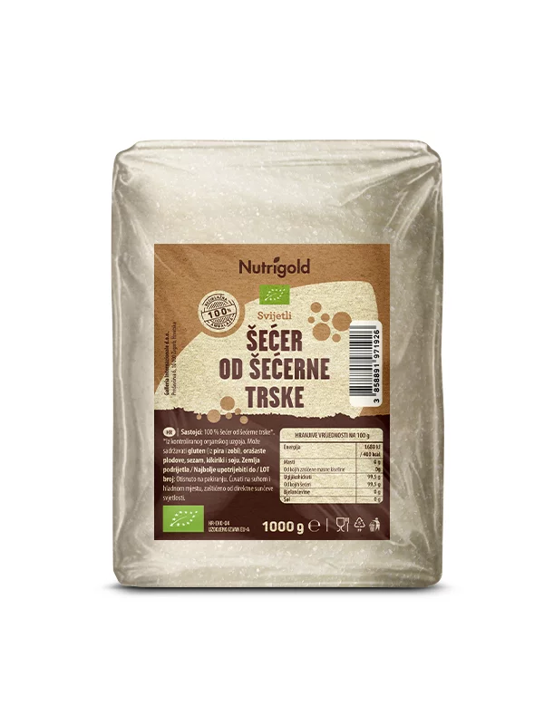 Nutrigold ekološki svetel trsni sladkor v prozorni plastični embalaži, 1000g.